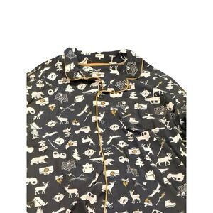 Mens XL Cuddl Duds Black Fleece Pajamas‎ Set Camping Print Pockets Preowned